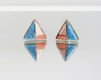 Vintage Zuni Native American southwestern sterling silver stud earrings Turqouise coral mother of pearl gemstone jewellery inlaid 3.3 grams