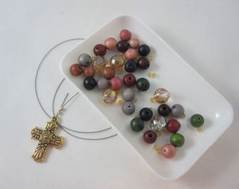 DIY Prayer Bead Kit - Multicolored Wood and Amber Fire-Polished Glass