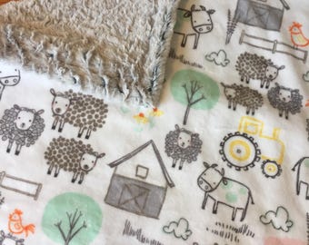 Farm Animal Blanket, Minky. Pigs. Cows. Chickens. Sheep. Tractors. Barn. Baby shower gift, baby boy gift, security blanket
