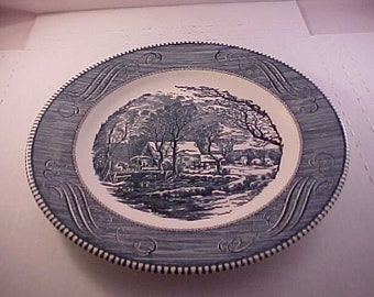 Currier & Ives 10" Ceramic Plate by Royal Made in USA Dinner Plate - The Old Grist Mill - Blue and White