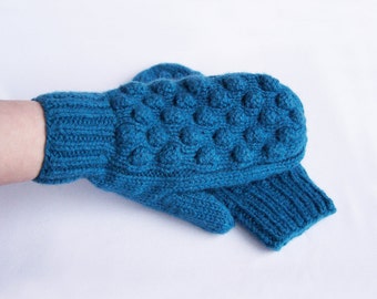 Blue mittens Woman teen knit chunky wool mittens Warm cozy mittens For medium size L and XL