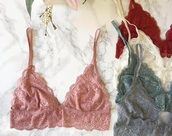 Beautiful LACE BRALETTE floral lace bra lacy bralette wavy hem scalloped bralette spaghetti lined un padded sheer bralette