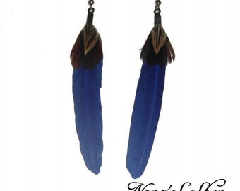 Natural and royal blue feather earrings
