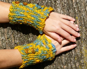 Handspun Fingerless Mitts, Blue and Yellow Cotton