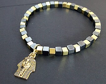 Alpha Phi Alpha Bracelet, Pharoah Head Bracelet, Gold and Black Beaded Bracelet