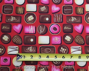 Chocolates Candy Forever Yours on Red w Gold BY YARDS Henry Glass Cotton Fabric