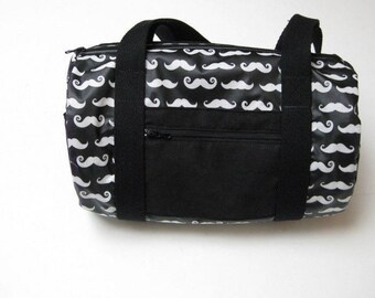 Mini duffel bag in black waterproof coated cotton with mustaches