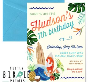 SURF Birthday Invitation Surfboard Birthday Invitation Surfing Invitation Tropical Luau Invitation BOY Vintage Surf Invitation Pineapple