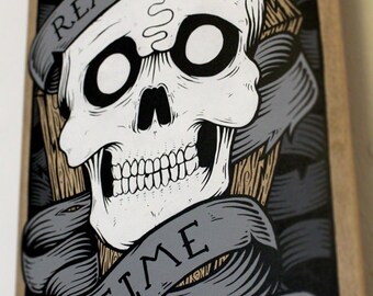 Time Waits for No Man - Hand Painted Skateboard Calavera Wall Art with Tattoo Style Skull, Scroll & Quote Design