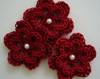 Trio of Crocheted Flowers - Cardinal Red with Pearl - Cotton - Crocheted Flower Appliques - Crocheted Flower Embellishments