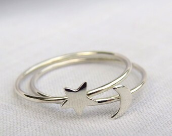sterling silver ring, friendship rings, minimalist ring, ring set, star moon ring set, gift for her, bridesmaid gift, sterling silver rings