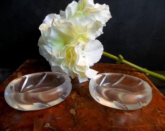 Signed LALIQUE Crystal Frosted salt and pepper cellars dishes. Lalique France bowls