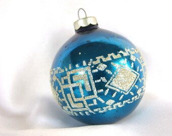 Vintage Blue Christmas Ornament with Geometric Venetian Dew Design, USA Ornament