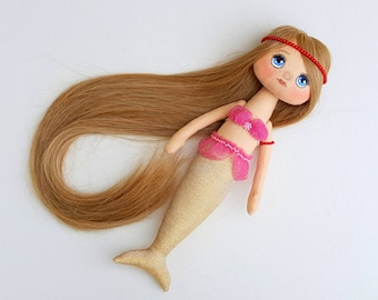 Little Mermaid Doll, Handmade Mermaid Doll, Textile Mermaid Doll Toy, Rag Mermaid Doll, Cloth Mermaid Doll, Gold Mermaid Sequins Tail Toy