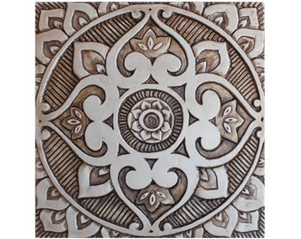 Lina 48 Inch Bordered Wall Art Tile, Square, Floral Mandala, Blue, Ivory By Casagear Home