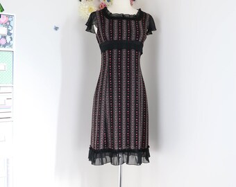90s Does 1920s Dress - Vintage Boho Floral Striped Dress - XS/S - Ruffle Hem And Neckline - Empire Waist - Flutter Sleeve