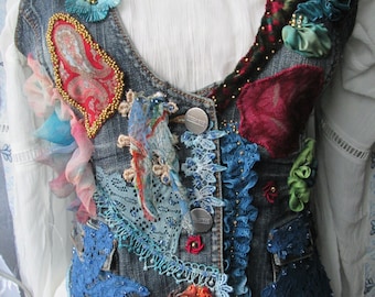 Unique art to wear,vintage upcycled, art to wear, reworked vest ,bohemian vest, bohemian romantic,altered couture,embroidered detailes