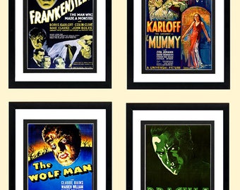 Classic Monsters Poster Set. Frankenstein, The Mummy, Wolfman and Dracula Highest Quality Framing & Prints Many Sizes Available