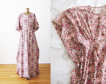 70s Indian Maxi Dress - Indian Cotton Dress - Vintage Caftan - Floral 1970s Kaftan Maxi Dress - Bohemian Clothing - Block Print - S M