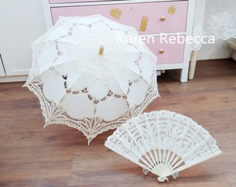 Special Offer Battenburg Lace Vintage Umbrella Parasol with Fan For Bridal Bridesmaid Wedding