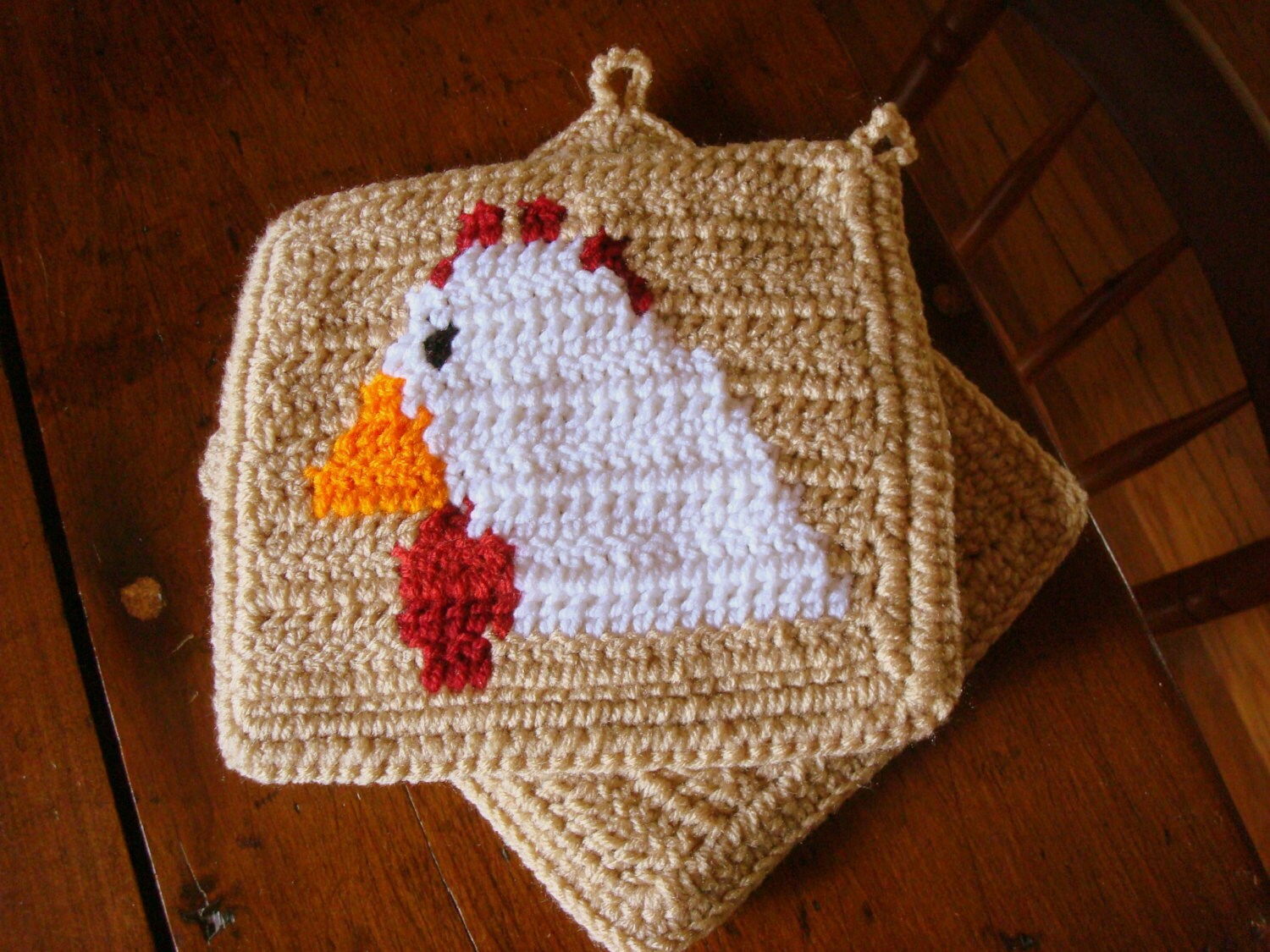Chicken Potholders Light Brown Crochet Hen Potholders Pot