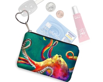 Clara Nilles Small Zipper Pouch Octopus Steampunk Coin Purse Keychain Business Card Holder Key Fob fabric pouch teal green pink RTS