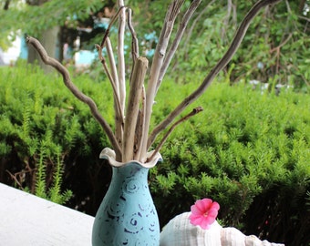 Beach House Decor , Driftwood Branches in Hand Painted Pottery Vase , Coastal Chic Home Decorating