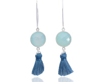 Tassel earrings, sterling silver earrings, chalcedony earrings, gemstone earrings, blue earrings, chalcedony jewelry, trendy earrings, boho