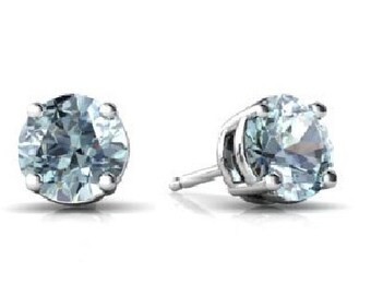 14Kt White Gold Aquamarine Round Stud Earrings