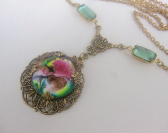 old brass chain m. vintage enamel pendant