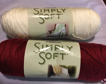 Caron Simply Soft Yarn - Destash Yarn - Acrylic Yarn - Burgundy, Offwhite
