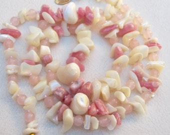 MIRIAM HASKELL Vintage Necklace Pink Rose Quartz & Mother Of Pearl Beads