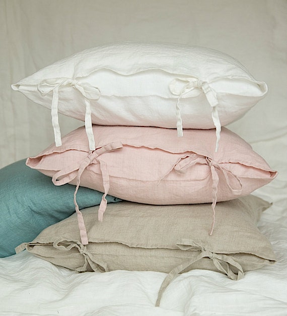 Linen pillowcases with ties. Softened linen pillow cover.