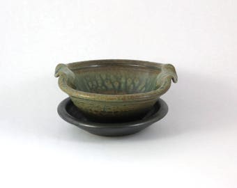 Handmade Ceramic Berry Bowl, Pottery Colander for Berries, Green and Black