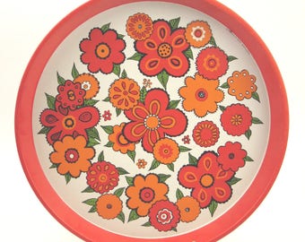Vintage 70s metal tray with "Flower Power" decor, Top condition !!!