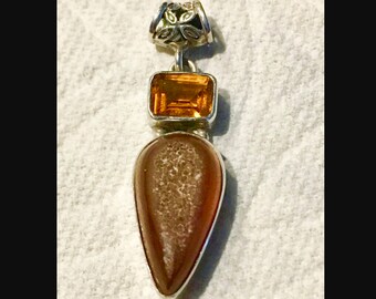 Druzy Citrine Pendant, Brown Druzy Necklace, Silver Brown Druzy Pendant, Golden Brown Druzy Citrine, Gemstone Jewelry, Sterling Necklace
