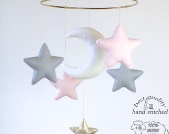 Baby Mobile, White Baby Pink Grey Gold Baby Mobile, Baby Crib Mobile, Stars Baby Mobile, Nursery Decor, Gift Packaging