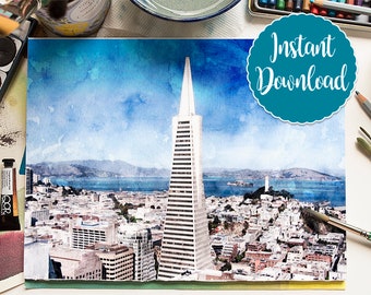 SAN FRANCISCO #4 Digital Download Watercolor Transamerica San Francisco CA Oil Painting Canvas Art Print Landscape Painting Home Decor