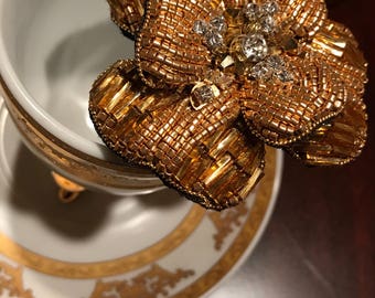 Beaded and Gold Embroidered Floral Brooch