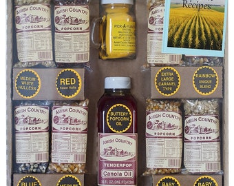Amish Country Popcorn Variety Gift Set - 16 Oz Canola Oil, 4.5 Oz Butter Salt, and Recipe Guide - 8 Popcorns (Baby White, Red, Blue,...