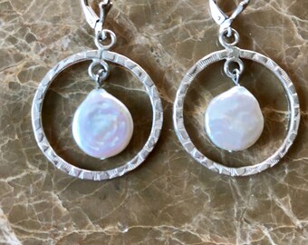 Coin Pearl Earrings Coin Pearl Sterling Earrings Pearl Earrings White Coin Pearl Earrings June Birthstone HoopPearl Earrings Sundance Style