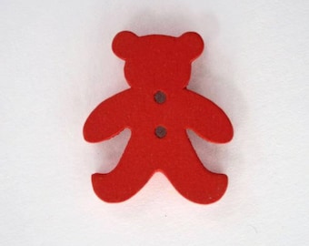 20mm x 10 bear wooden button: Red - 001879