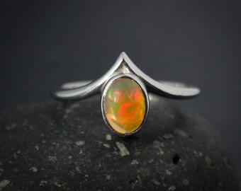 Colorful Natural Solid Opal Ring, October Opal Birthstone Ring, Point Ring