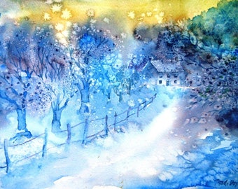 Snow-scene "Walking Home through the Snow " Watercolour painting ,Original art, Woodland home in Winter