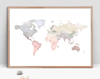 watercolor map of the world instant download large blue beige world map world map