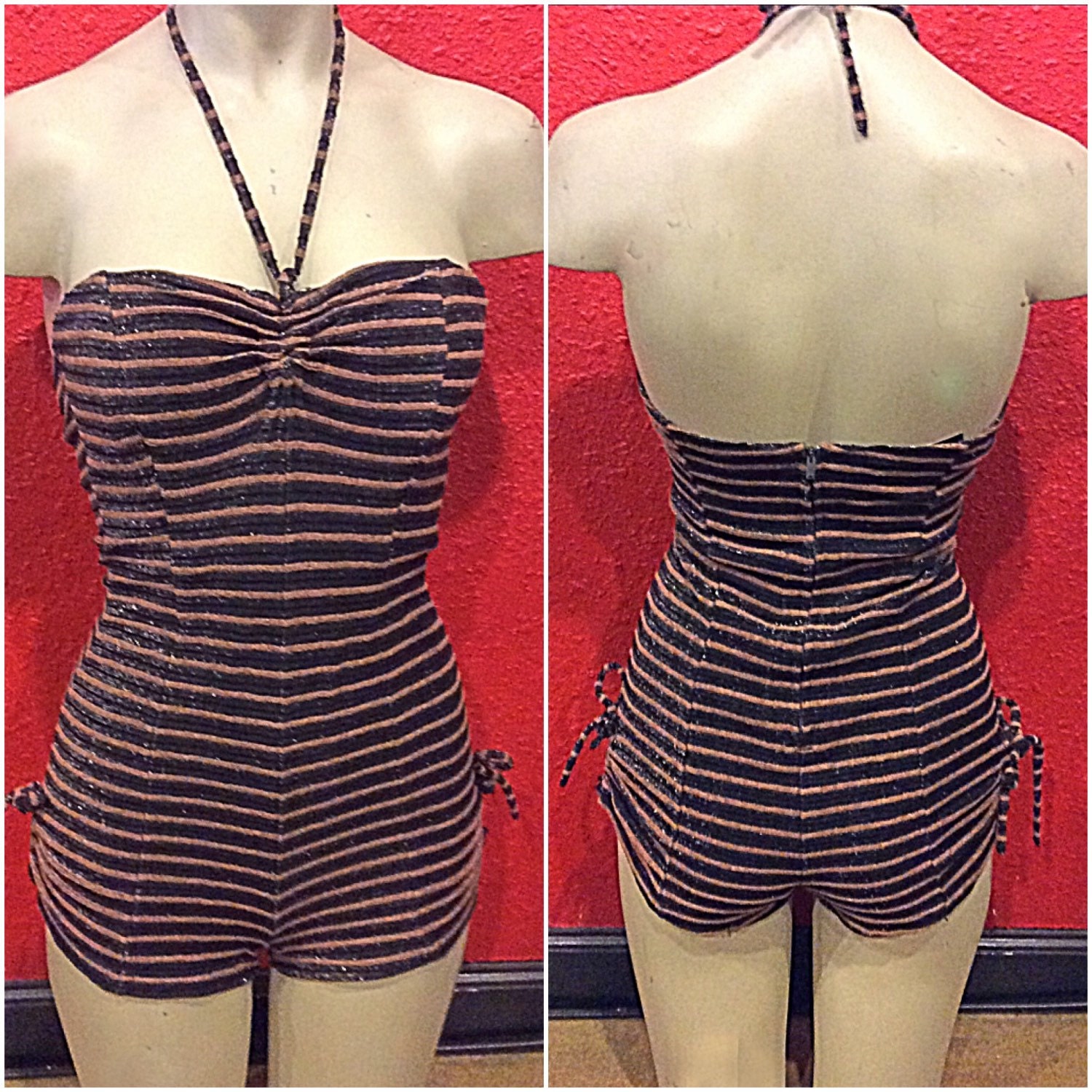 1950s Knit Swimsuit Metallic Stripe Pinup Playsuit Small