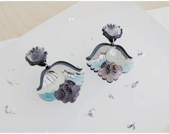 Nouveau Flower Drop Earrings: Mother-of-Pearl. Laser Cut Acrylic Perspex. Marbled Floral Art Deco Retro Dangle Studs. Silver Blue Glitter.