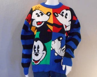 Vintage Mickey Mouse Sweater Colorblock 1980s Minnie Goofy