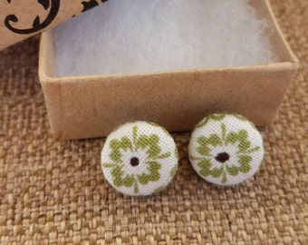 Green Flower Button Earrings (12 mm), Stud Earrings, Button Earrings, Fabric Earrings, Post Earrings, Flower Earrings, Green Earrings