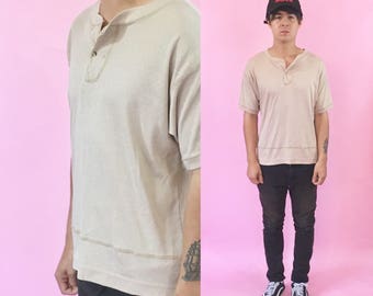 Vintage henley shirt vintage tshirt 1990s 1980s 90s 80s brown shirt tan tshirt short sleeve shirt